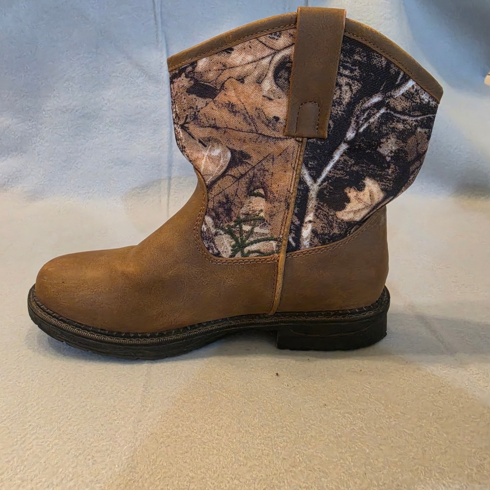Max Western Boots Kids 4M Brown Camo Good Pull On Rugged - Picture 3 of 16